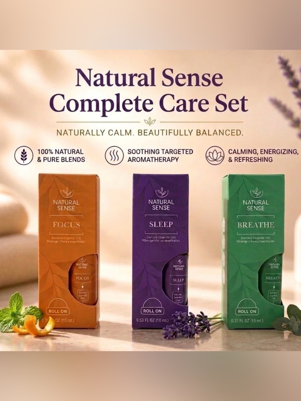Natural Sense Complete Care Set 3pc Roll On Focus Sleep Breathe Aromatherapy